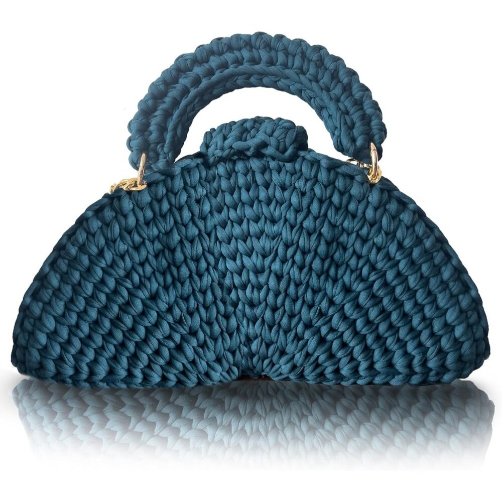 Women's Crochet Handmade Small Evening Formal Flap Blue Crossbody Clutch Bag